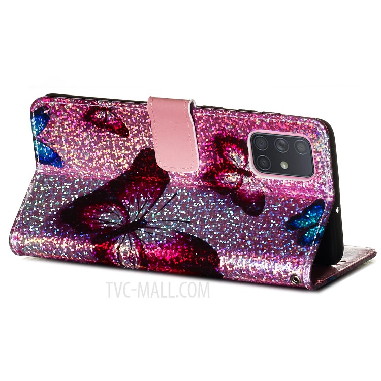 Pattern Printing Glitter Sequins Leather Wallet Stand Case for Samsung Galaxy A71 - Butterfly-4