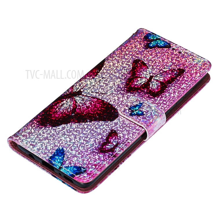 Pattern Printing Glitter Sequins Leather Wallet Stand Case for Samsung Galaxy A71 - Butterfly-5