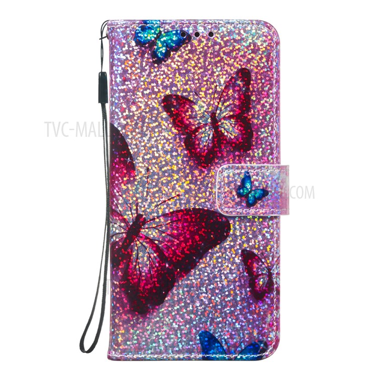 Pattern Printing Glitter Sequins Leather Wallet Stand Case for Samsung Galaxy A71 - Butterfly-6