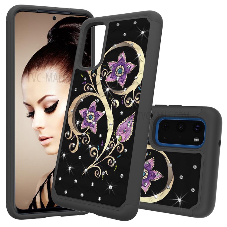 Rhinestone Decor Pattern Printing Hybrid PC TPU Shockproof Case for Samsung Galaxy S20 - Purple Flowers-1