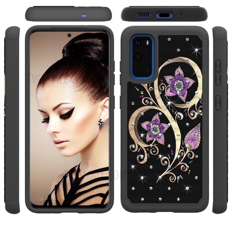 Rhinestone Decor Pattern Printing Hybrid PC TPU Shockproof Case for Samsung Galaxy S20 - Purple Flowers-2