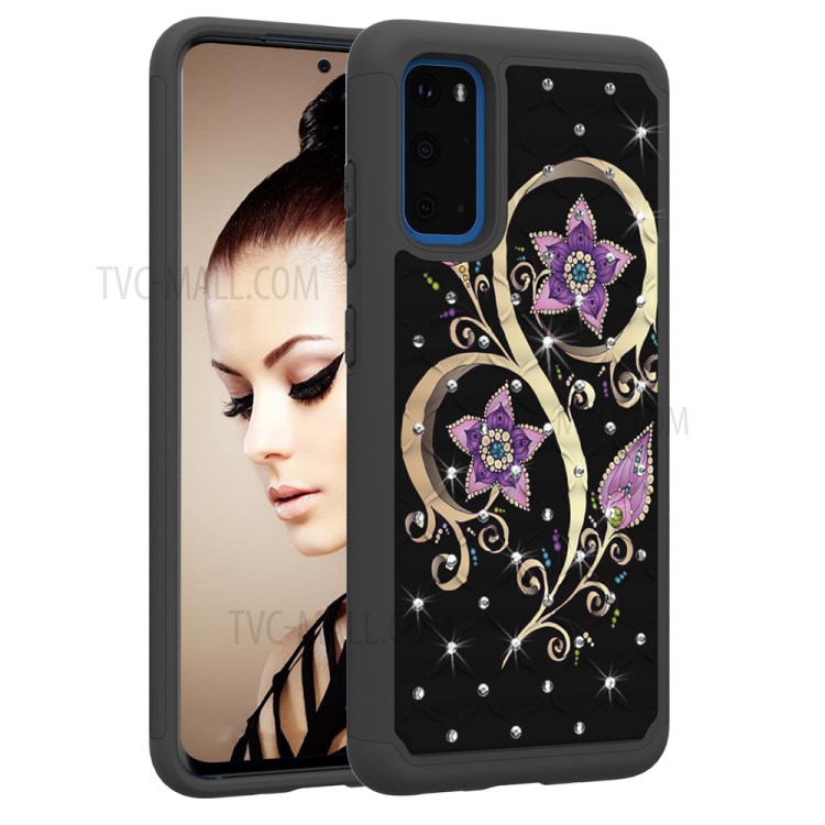 Rhinestone Decor Pattern Printing Hybrid PC TPU Shockproof Case for Samsung Galaxy S20 - Purple Flowers-5