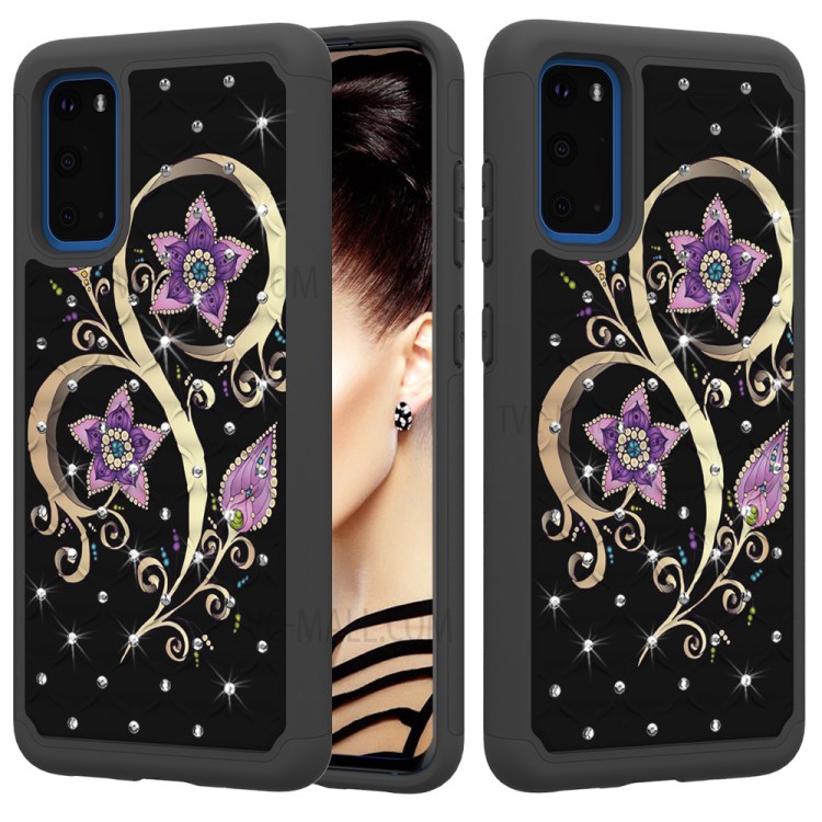 Rhinestone Decor Pattern Printing Hybrid PC TPU Shockproof Case for Samsung Galaxy S20 - Purple Flowers-6