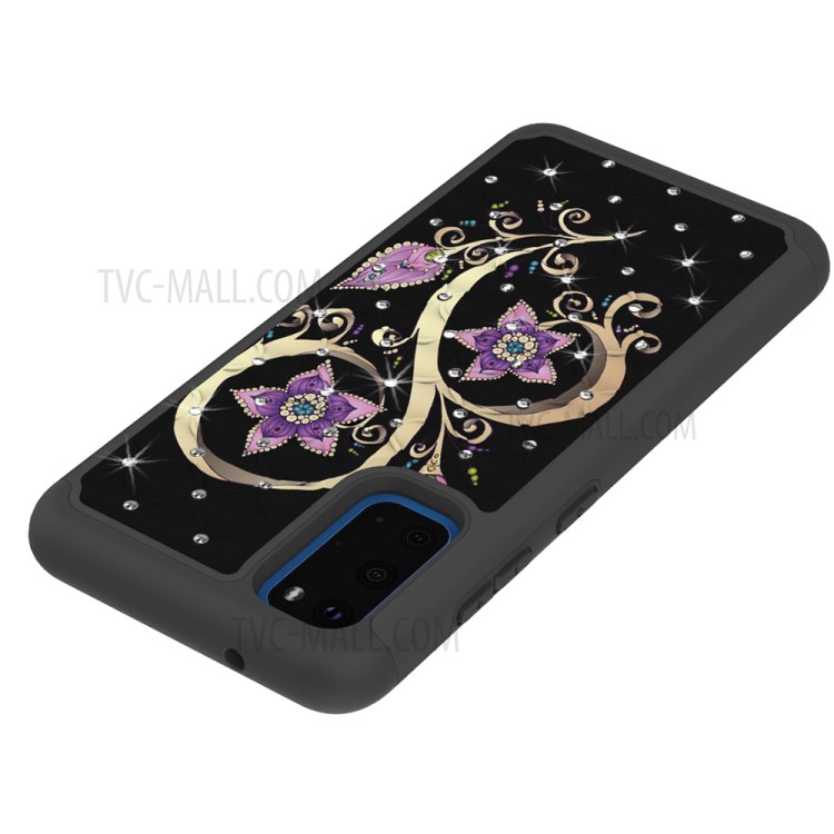 Rhinestone Decor Pattern Printing Hybrid PC TPU Shockproof Case for Samsung Galaxy S20 - Purple Flowers-7