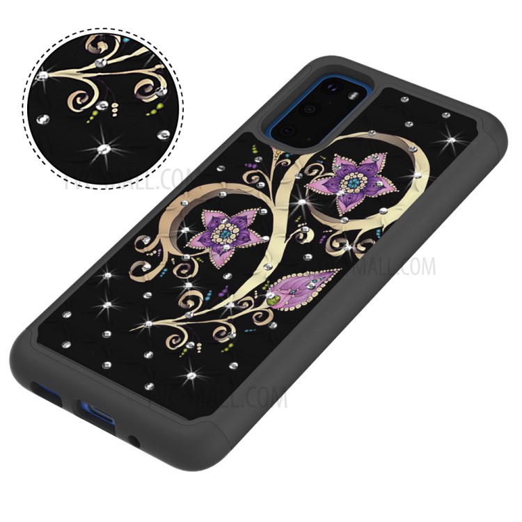 Rhinestone Decor Pattern Printing Hybrid PC TPU Shockproof Case for Samsung Galaxy S20 - Purple Flowers-8