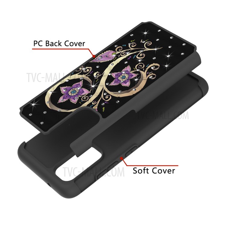 Rhinestone Decor Pattern Printing Hybrid PC TPU Shockproof Case for Samsung Galaxy S20 - Purple Flowers-9