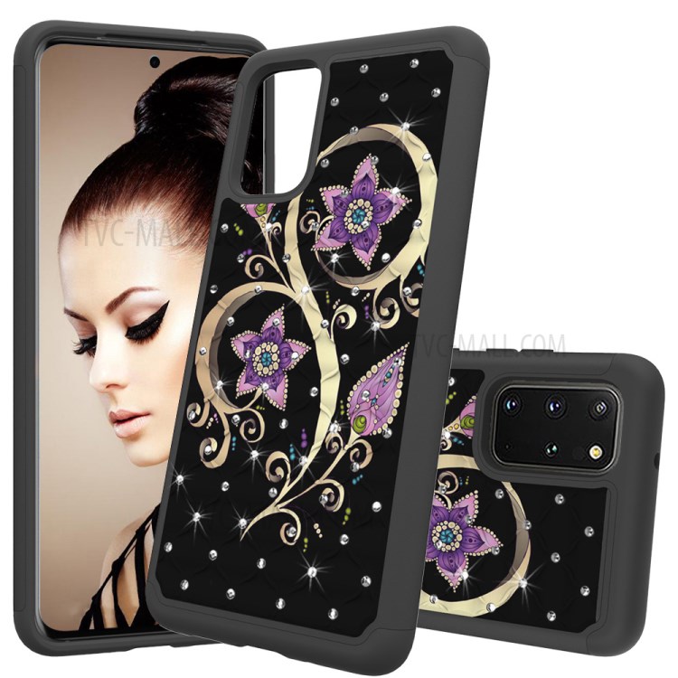 Rhinestone Decor Pattern Printing Combo PC TPU Shockproof Shell for Samsung Galaxy S20 Plus - Purple Flowers-1