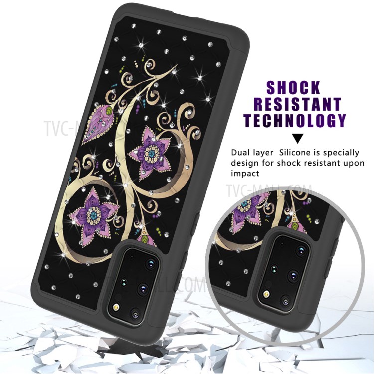 Rhinestone Decor Pattern Printing Combo PC TPU Shockproof Shell for Samsung Galaxy S20 Plus - Purple Flowers-10