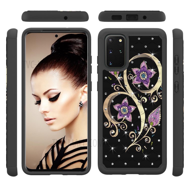 Rhinestone Decor Pattern Printing Combo PC TPU Shockproof Shell for Samsung Galaxy S20 Plus - Purple Flowers-2