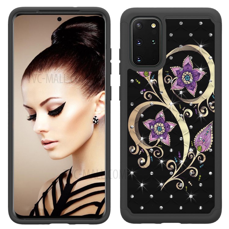 Rhinestone Decor Pattern Printing Combo PC TPU Shockproof Shell for Samsung Galaxy S20 Plus - Purple Flowers-3