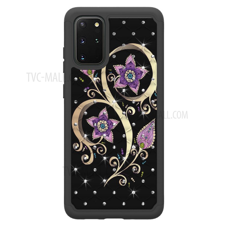 Rhinestone Decor Pattern Printing Combo PC TPU Shockproof Shell for Samsung Galaxy S20 Plus - Purple Flowers-4