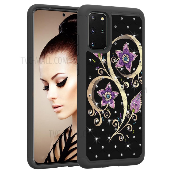 Rhinestone Decor Pattern Printing Combo PC TPU Shockproof Shell for Samsung Galaxy S20 Plus - Purple Flowers-5