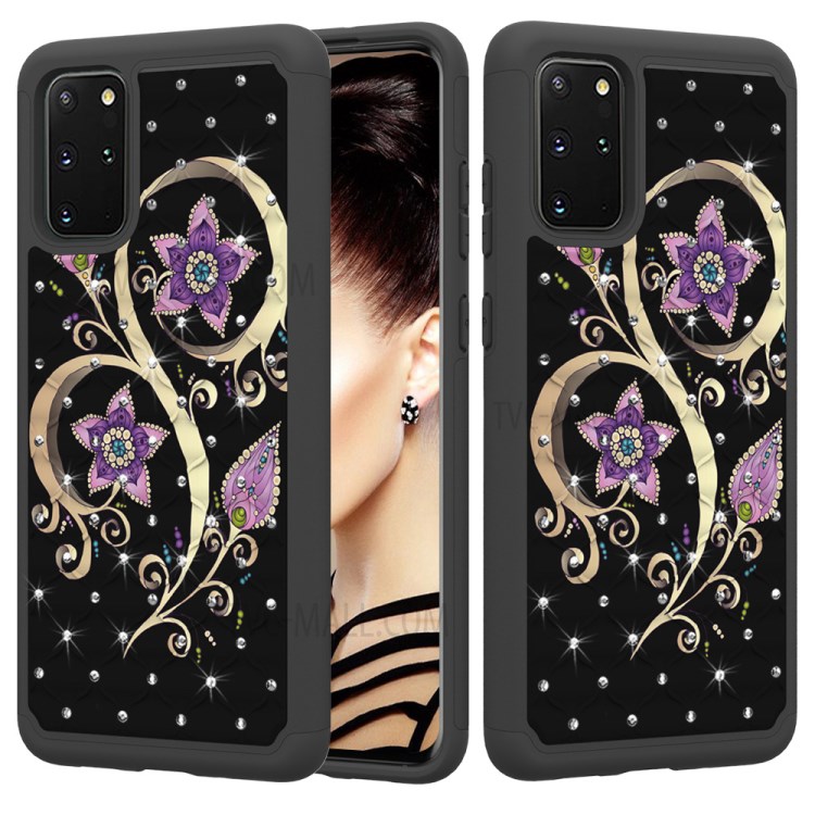 Rhinestone Decor Pattern Printing Combo PC TPU Shockproof Shell for Samsung Galaxy S20 Plus - Purple Flowers-6