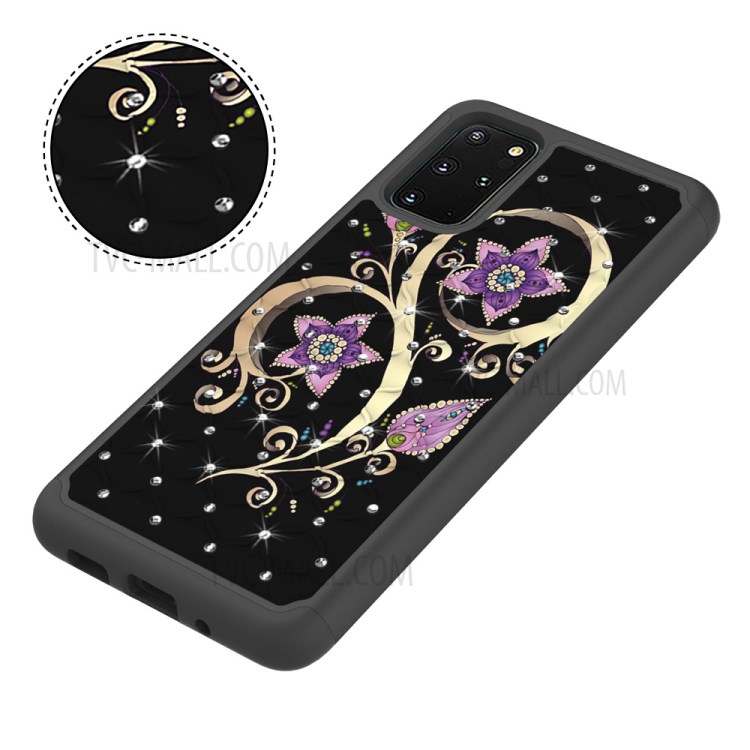 Rhinestone Decor Pattern Printing Combo PC TPU Shockproof Shell for Samsung Galaxy S20 Plus - Purple Flowers-8