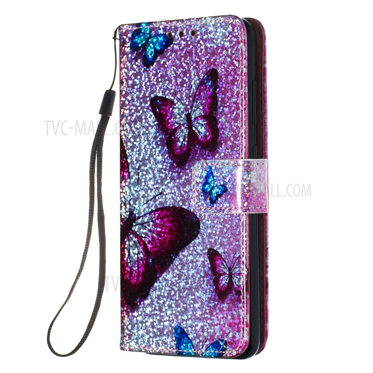 Pattern Printing Glitter Sequins PU Leather Wallet Case for Samsung Galaxy S20 - Butterfly-2