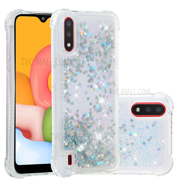 Liquid Glitter Powder Quicksand Anti-drop TPU Case for Samsung Galaxy A01 - Silver Love Hearts-1