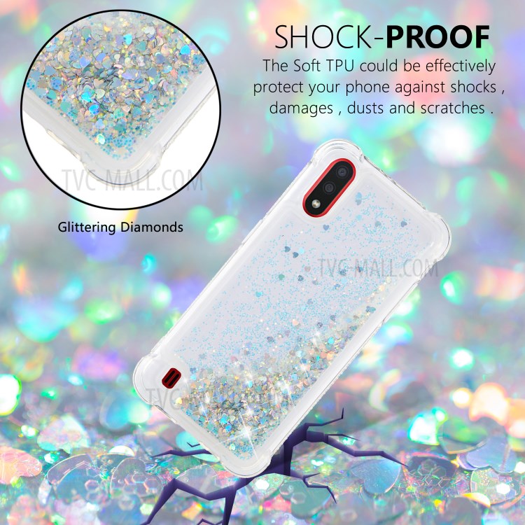 Liquid Glitter Powder Quicksand Anti-drop TPU Case for Samsung Galaxy A01 - Silver Love Hearts-3