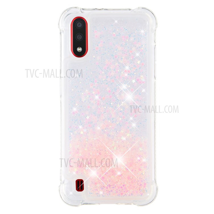 Liquid Glitter Powder Quicksand Anti-drop TPU Case for Samsung Galaxy A01 - Silver Pink Stars-2