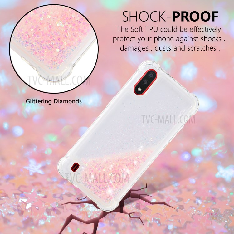 Liquid Glitter Powder Quicksand Anti-drop TPU Case for Samsung Galaxy A01 - Silver Pink Stars-3