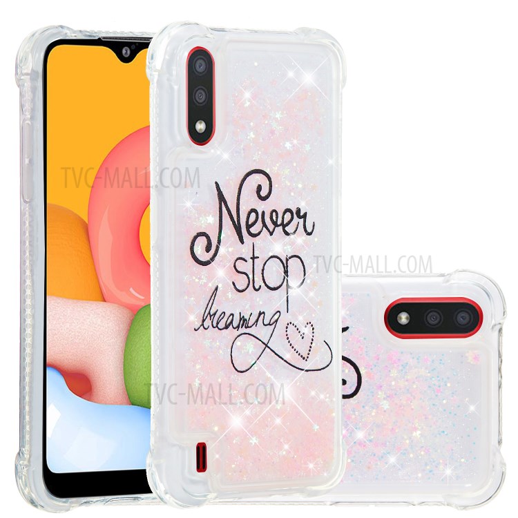 Pattern Printing Glitter Powder Quicksand TPU Shell for Samsung Galaxy A01 - Never Stop Dreaming-1