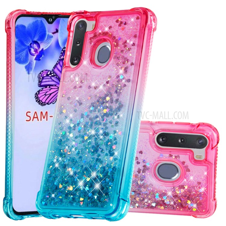 Gradient Glitter Powder Quicksand TPU Shell Phone Case for Samsung Galaxy A21 - Rose/Baby Blue-1