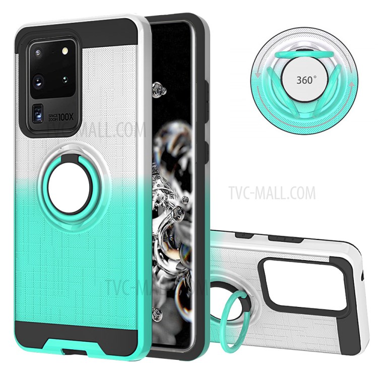 Dual Color 360 Degree Ring Kickstand Phone Shell for Samsung Galaxy S20 Ultra - White/Cyan-1