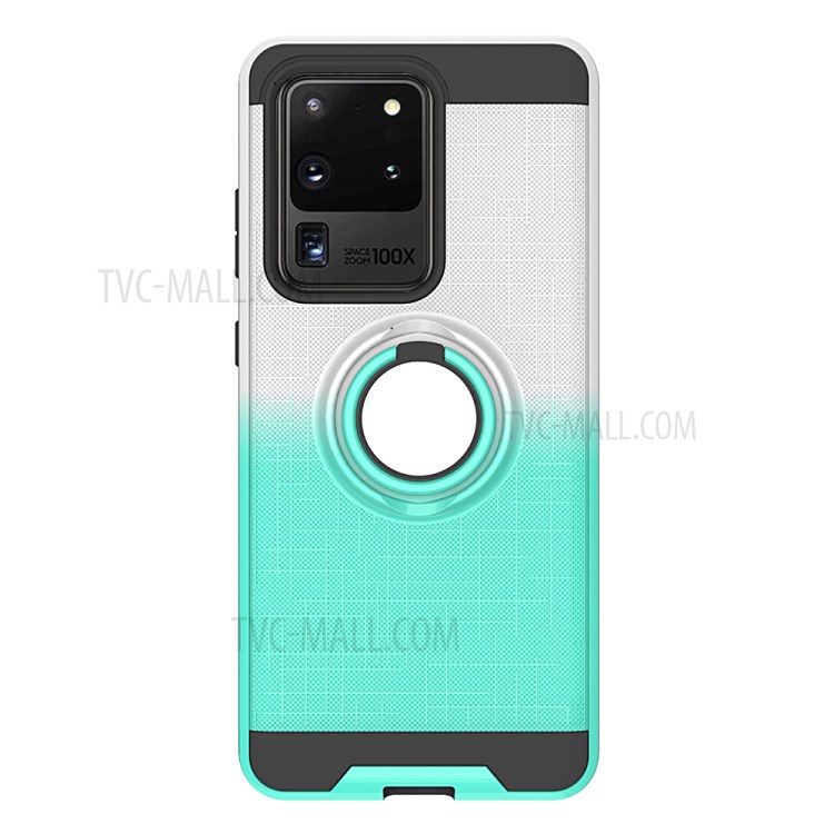 Dual Color 360 Degree Ring Kickstand Phone Shell for Samsung Galaxy S20 Ultra - White/Cyan-2