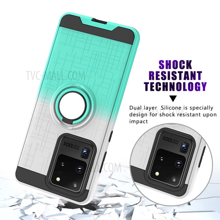 Dual Color 360 Degree Ring Kickstand Phone Shell for Samsung Galaxy S20 Ultra - White/Cyan-5