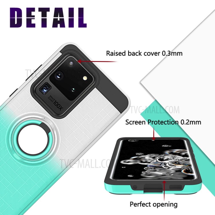 Dual Color 360 Degree Ring Kickstand Phone Shell for Samsung Galaxy S20 Ultra - White/Cyan-6