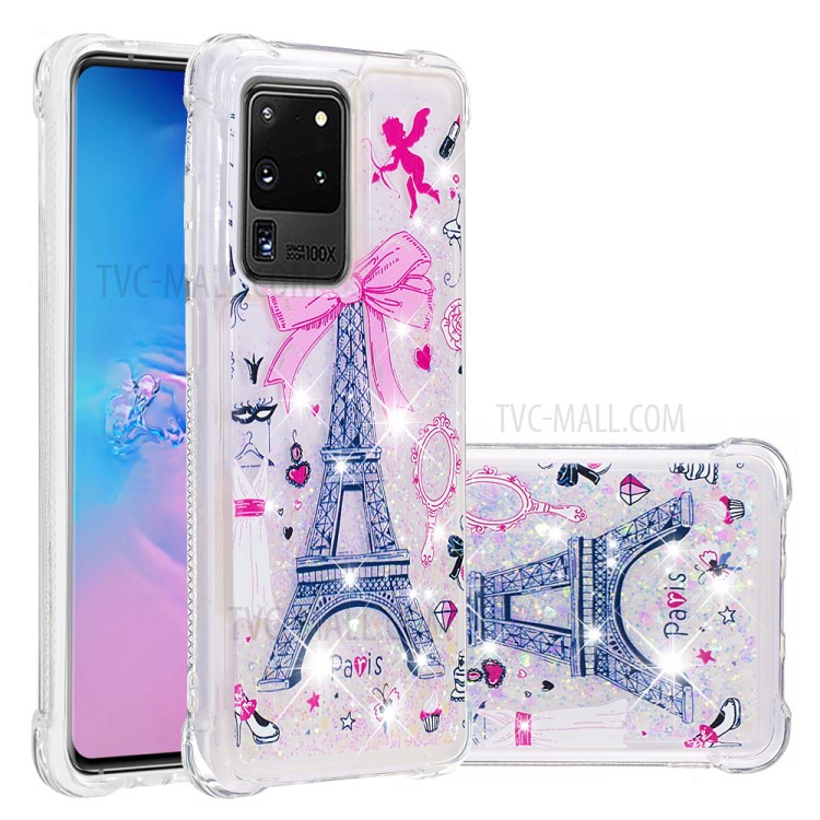 Pattern Printing Glitter Powder Quicksand TPU Phone Casing for Samsung Galaxy S20 Ultra - Eiffel Tower-1