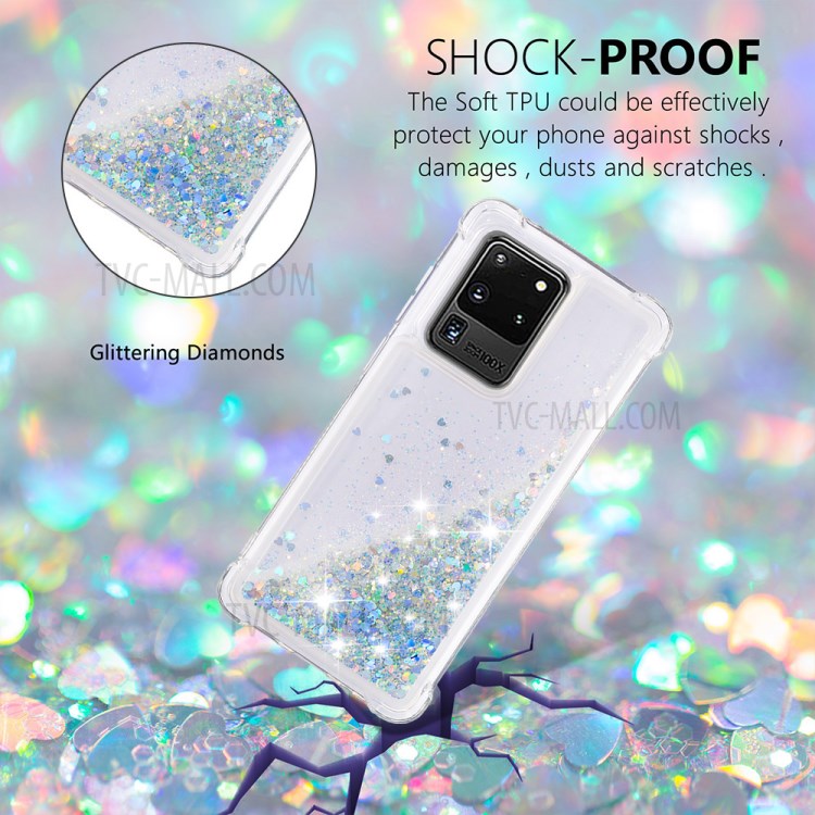 Dynamic Glitter Powder Heart Shaped Sequins TPU Shockproof Shell for Samsung Galaxy S20 Ultra - Silver-4