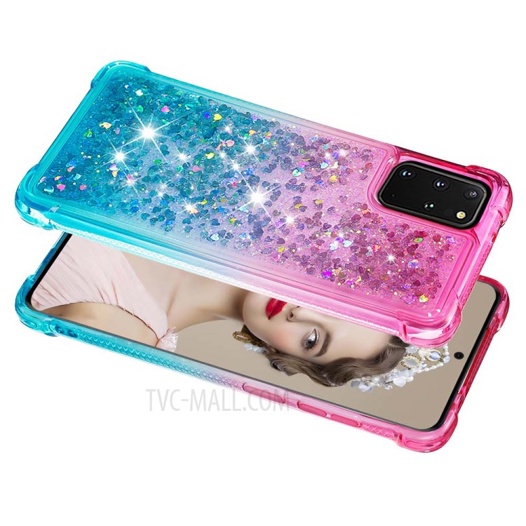 Gradient Glitter Powder Quicksand TPU Phone Shell for Samsung Galaxy S20 Plus - Red/Cyan-4