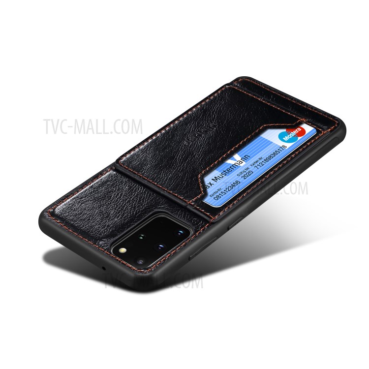 Crazy Horse Card Holder Kickstand PU Leather Coated TPU PC Hybrid Cover for Samsung Galaxy S20 Plus - Black-4