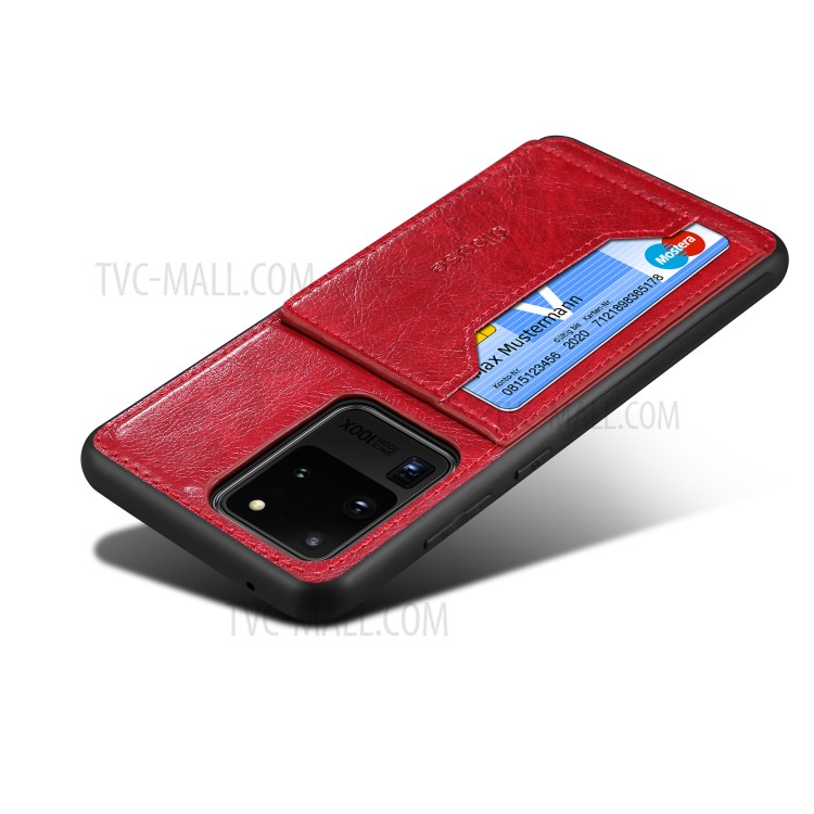 Loco Caballo Cuero Recubierto Caso Híbrido TPU PC Con Titular De La Tarjeta Para La Galaxia S20 De Ultra - Rojo-3