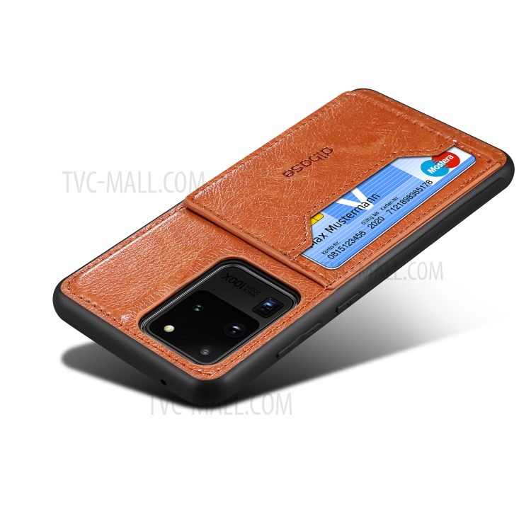 Crazy Horse Couro Revestido Caso Híbrido TPU PC Com Suporte De Cartão Para Samsung Galaxy S20 De Ultra - Castanho-3