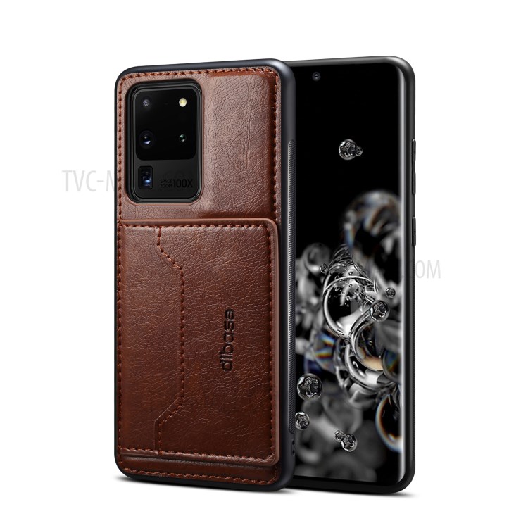 Loco Caballo Cuero Recubierto Caso Híbrido TPU PC Con Titular De La Tarjeta Para La Galaxia S20 De Ultra - Café-1