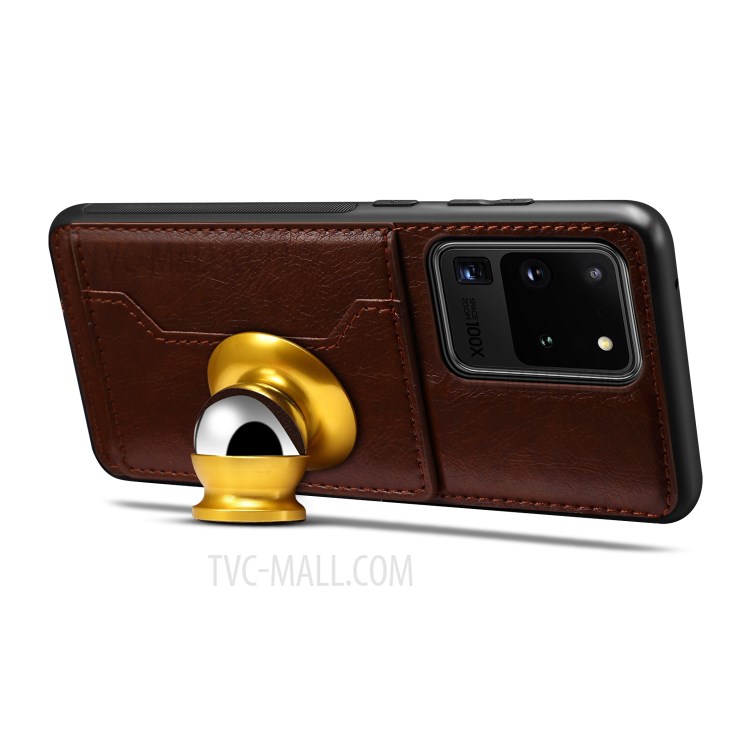 Loco Caballo Cuero Recubierto Caso Híbrido TPU PC Con Titular De La Tarjeta Para La Galaxia S20 De Ultra - Café-3