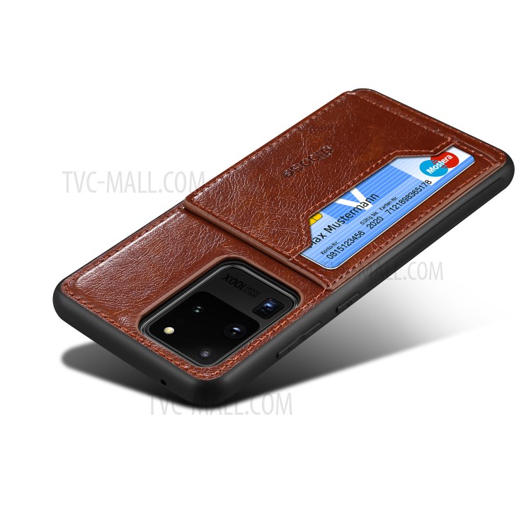 Loco Caballo Cuero Recubierto Caso Híbrido TPU PC Con Titular De La Tarjeta Para La Galaxia S20 De Ultra - Café-4