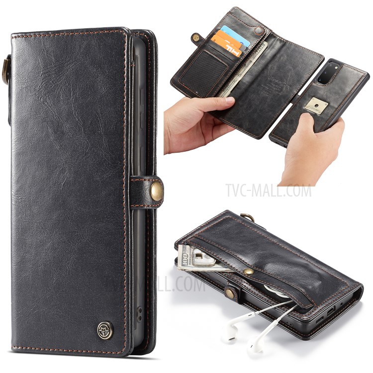 CASEME Qin Series Detachable 2-in-1 Split Leather Wallet Flip Cover for Samsung Galaxy S20 - Black-4