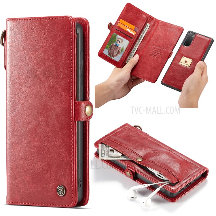 CASEME Qin Series Detachable 2-in-1 Split Leather Wallet Flip Case for Samsung Galaxy S20 - Red-4