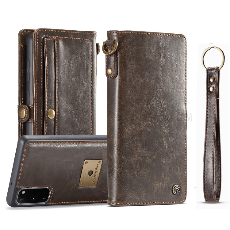 CASEME Qin Series Detachable 2-in-1 Split Leather Wallet Flip Case for Samsung Galaxy S20 - Brown-1