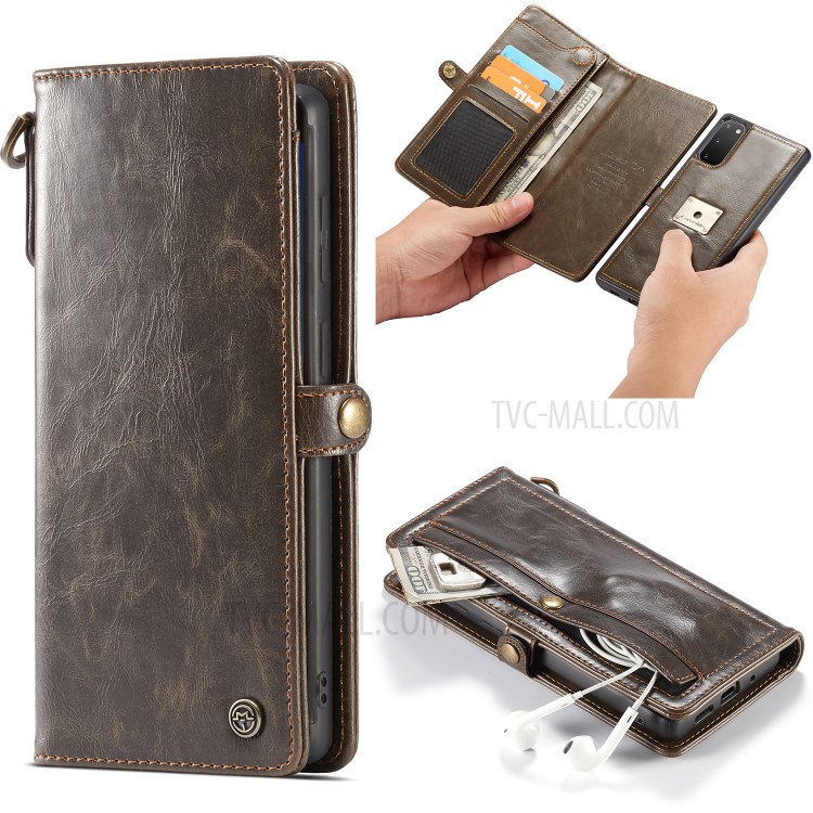 CASEME Qin Series Detachable 2-in-1 Split Leather Wallet Flip Case for Samsung Galaxy S20 - Brown-4