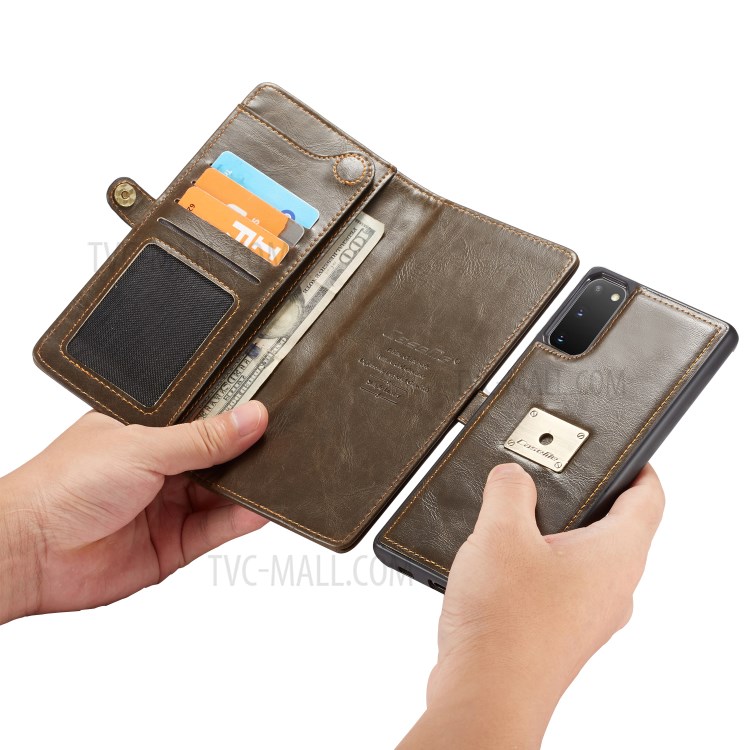 CASEME Qin Series Detachable 2-in-1 Split Leather Wallet Flip Case for Samsung Galaxy S20 - Brown-6