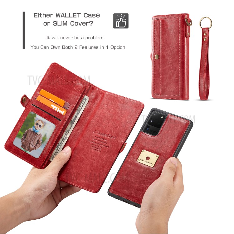 CASEME Qin Series Split Leather Detachable 2-in-1 Phone Cover for Samsung Galaxy S20 Ultra - Red-5