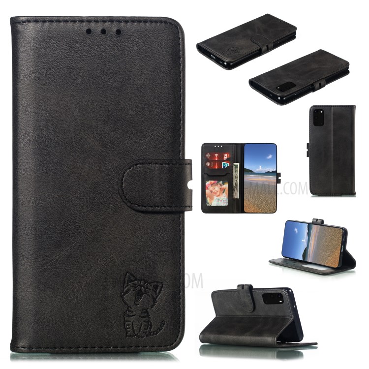 Imprint Happy Cat PU Leather Wallet Stand Phone Casing for Samsung Galaxy S20 Ultra - Black-1