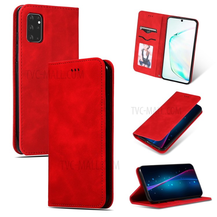 Business Style PU Leather Card Slots Stand Phone Case for Samsung Galaxy S20 Plus - Red-1