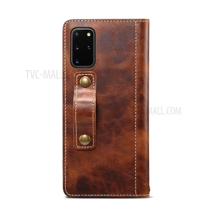 Finger Grip Holder Genuine Leather Wallet Cell Phone Cover for Samsung Galaxy S20 Plus - Brown-11