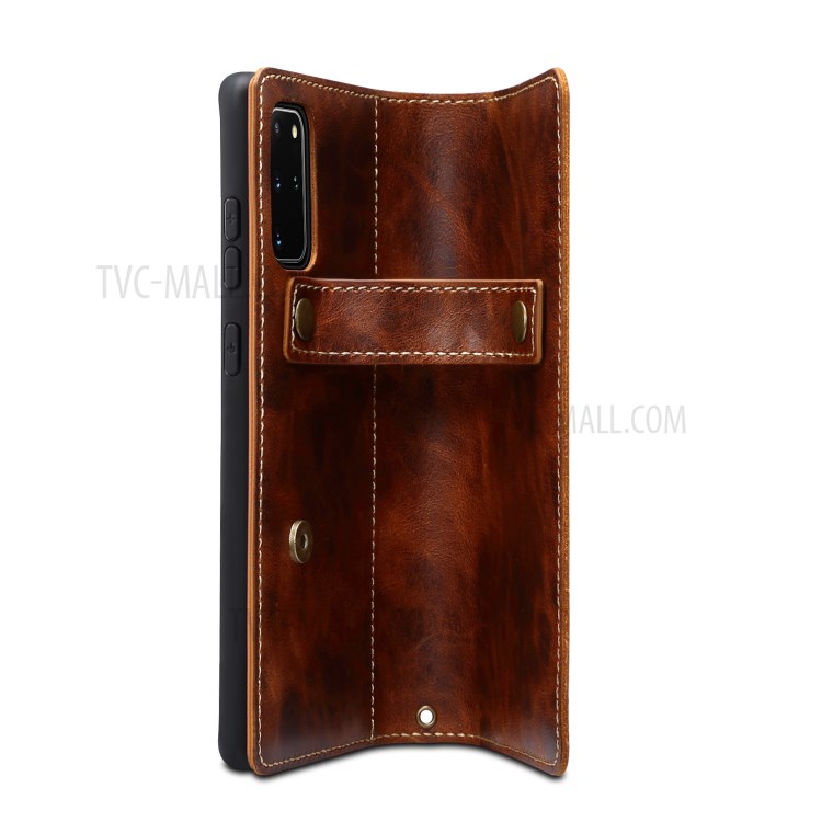 Finger Grip Holder Genuine Leather Wallet Cell Phone Cover for Samsung Galaxy S20 Plus - Brown-12