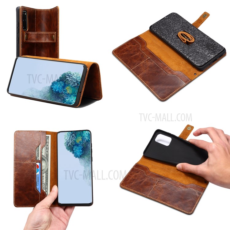 Finger Grip Holder Genuine Leather Wallet Cell Phone Cover for Samsung Galaxy S20 Plus - Brown-13