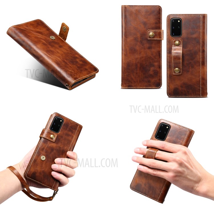 Finger Grip Holder Genuine Leather Wallet Cell Phone Cover for Samsung Galaxy S20 Plus - Brown-14